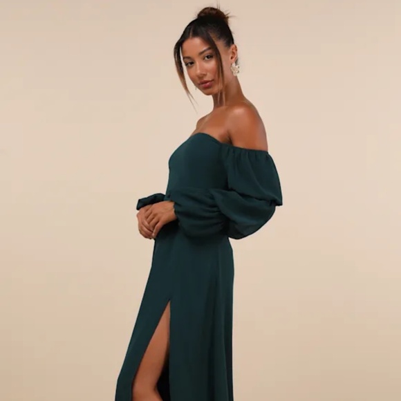 Lulus Demure Aura Emerald Tiered Balloon Sleeve Off-the-shoulder Dress Green - Picture 2 of 4